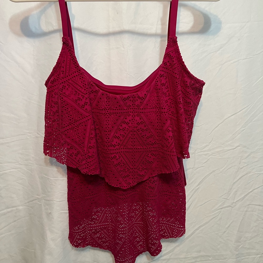 Liz Claiborne Womens Tankini 14 Pink Lace Swim Top Removable Cups